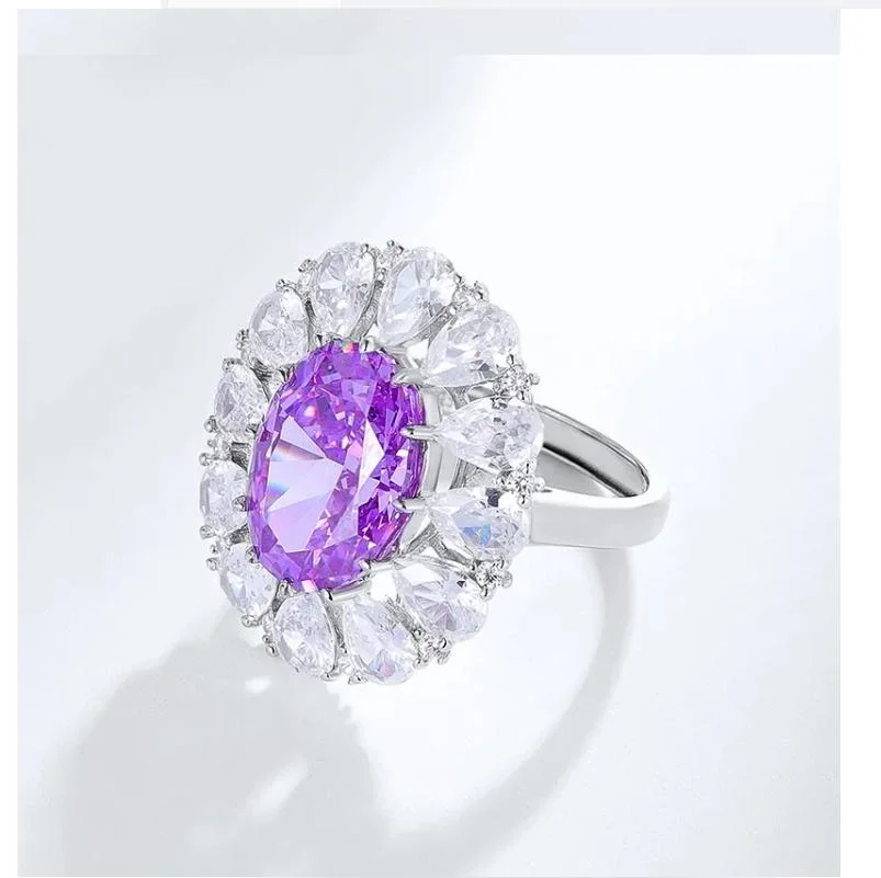 925 Sterling Silver Zircon Gemstone Flower High Carbon Diamonds Cluster Engagement Ring