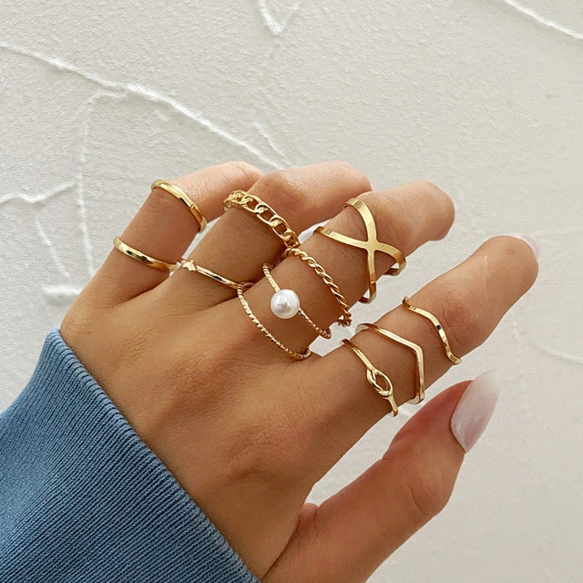 Girls Rings Set Pearl Opening Geometric Finger Ring