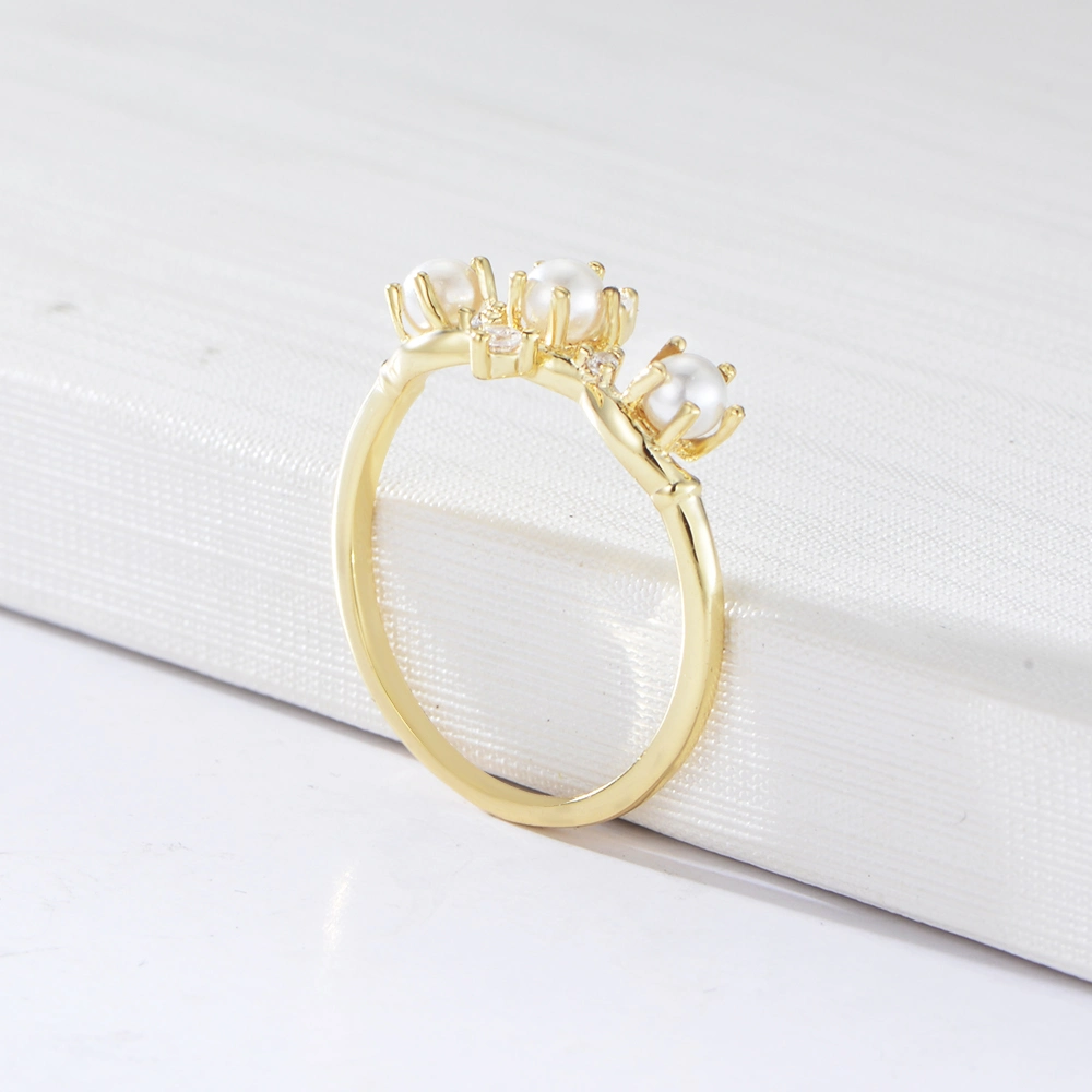 Unique Elegant Shining Prong Setting Real Gold Plated Female Artificial Pearl Ring