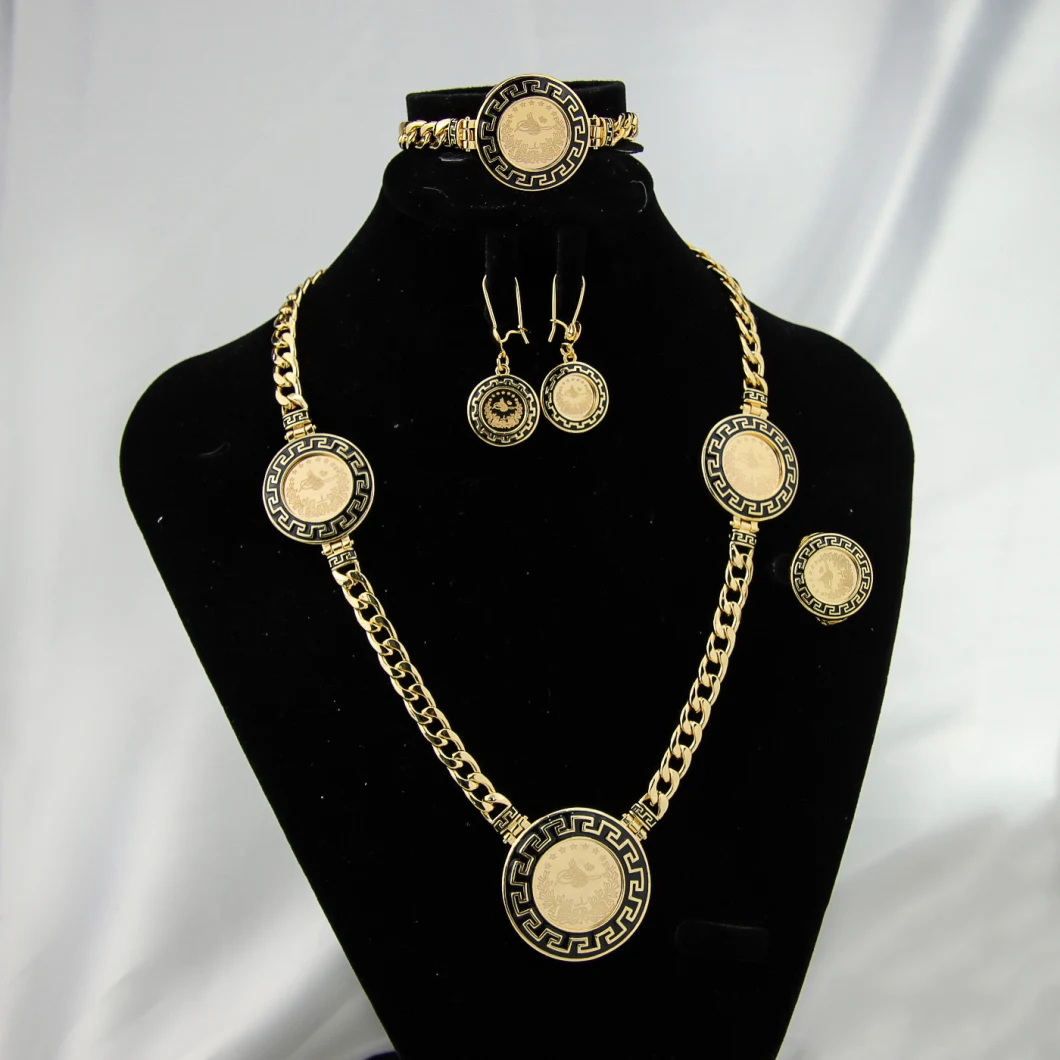 Hot Selling Jewellery Necklace Earring Bracelet Ring Gold 4PCS Costume Jewelry Set Brass 18K Gold Coin Arabic Jewelry Set