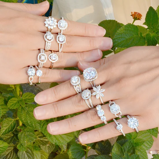 Fábrica de joyería OEM personalizado ajustable 925 plata esterlina Moissanite Cubic Zirconia boda anillo de compromiso mujeres