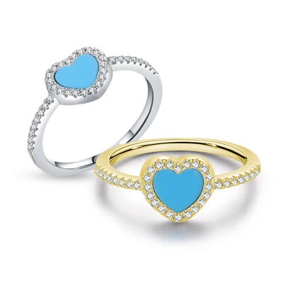 Joyería de moda OEM con corazón turquesa Cubic Zirconia 18K chapado en oro 925 anillo de plata regalo de San Valentín anillo de joyería para mujer