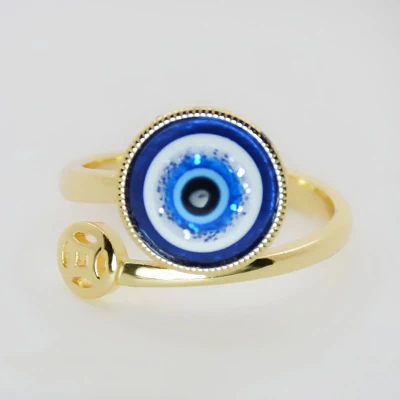 Anillo de dedo de ojo de cristal CZ azul chapado en oro de 18 quilates personalizado Anillo de ojos malvados de circonia ajustable abierto