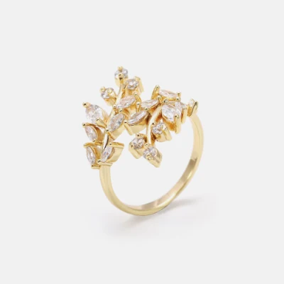 Elegantes anillos de hojas de primavera Anillos de boda con pavé de circonitas cúbicas chapadas en oro de 18 quilates