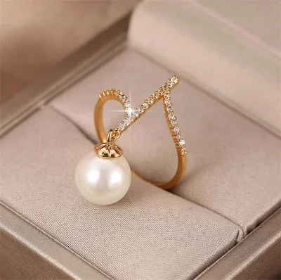 Diamante oro y plata damas nota musical elegante anillo blanco perla de agua dulce anillo