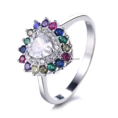 Anillo de piedras preciosas de corazón para mujer con anillos de boda de piedras CZ coloridas en plata real 925