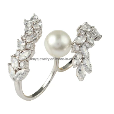 Anillo de dos dedos de joyería de diamantes de moda con perla de concha para mujer joyería de plata 925