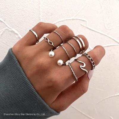 Conjunto de anillos para niñas Anillo de dedo geométrico con apertura de perlas