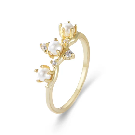 Anillo de perla artificial femenino chapado en oro real con ajuste de diente brillante elegante único