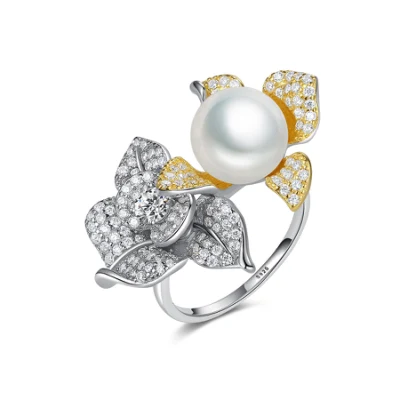 Zircon Jewelry Lujosos anillos únicos de flores gemelas con perla