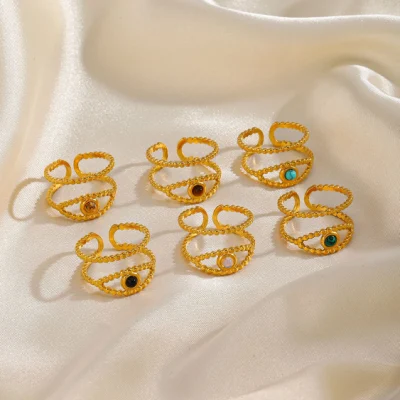 Joyería de diamantes de moda, piedra de tigre/malaquita/obsidiana/ópalo, anillos abiertos ajustables, anillo de mal de ojo de acero inoxidable chapado en oro de 18 quilates