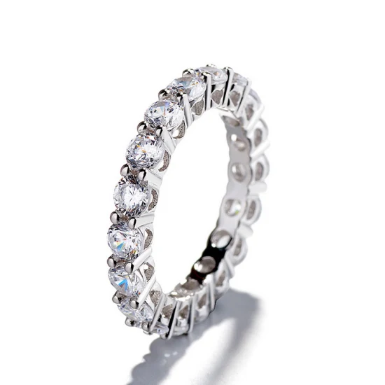 Joyería de banda de anillo de bodas de plata 925, anillo de diamante de corte redondo, anillo de eternidad único para niña